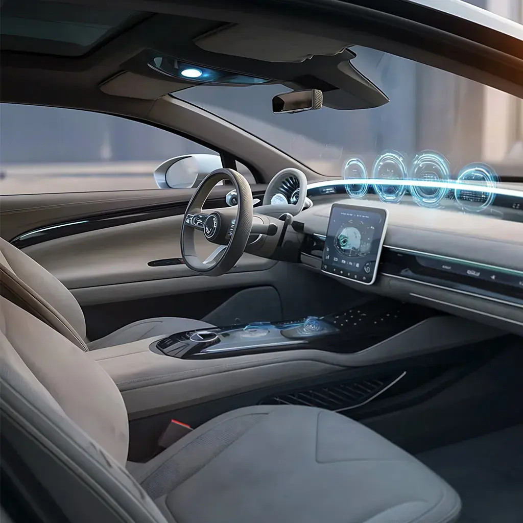 Futuristic electric car interior with digital dashboard and touchscreen display