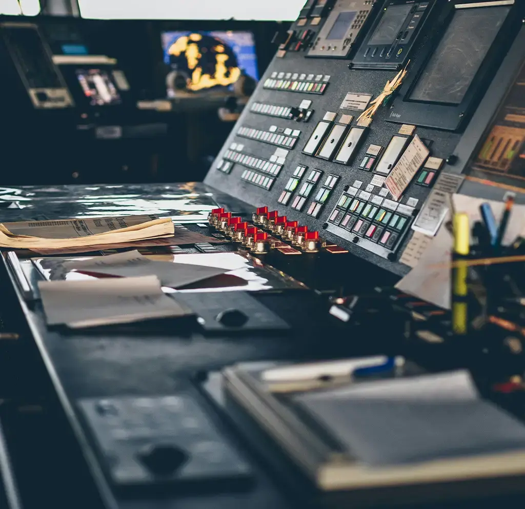 Close-up of an industrial control panel with buttons, screens, and documents on the console desk.