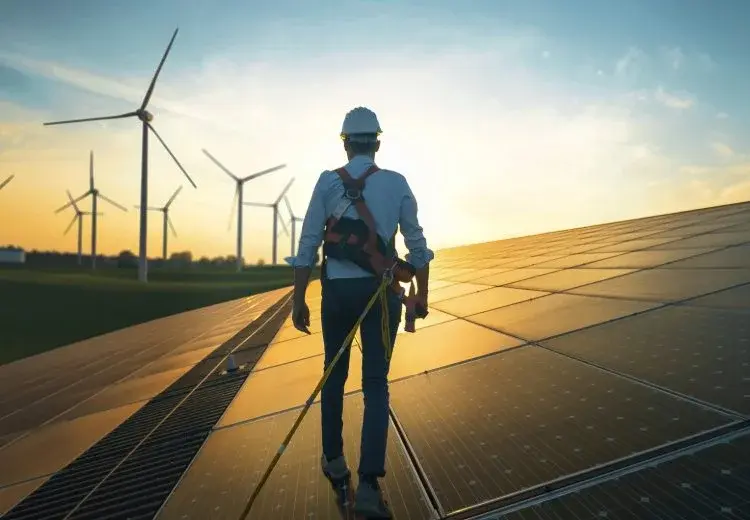 Engineer walking on solar panels at sunset near wind turbines, representing clean energy solutions.