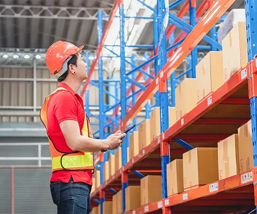 alt="warehouse personal checks inventory with digital device"