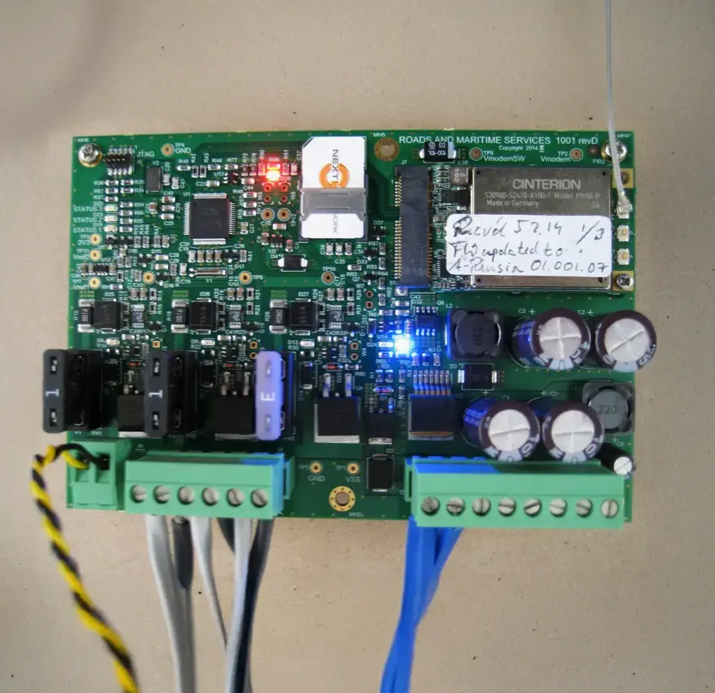 Electronic control board labeled Roads and Maritime Services, used in intelligent traffic or transport systems.