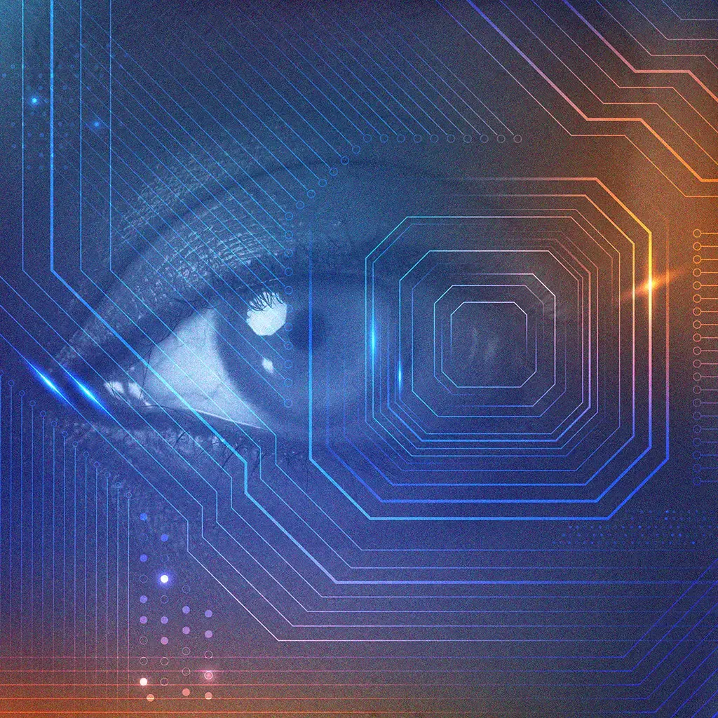 Close-up eye overlaid with digital circuit patterns, symbolizing AI and data-driven technology