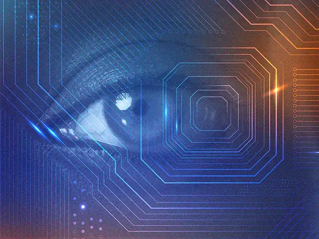 Close-up eye overlaid with digital circuit patterns, symbolizing AI and data-driven technology