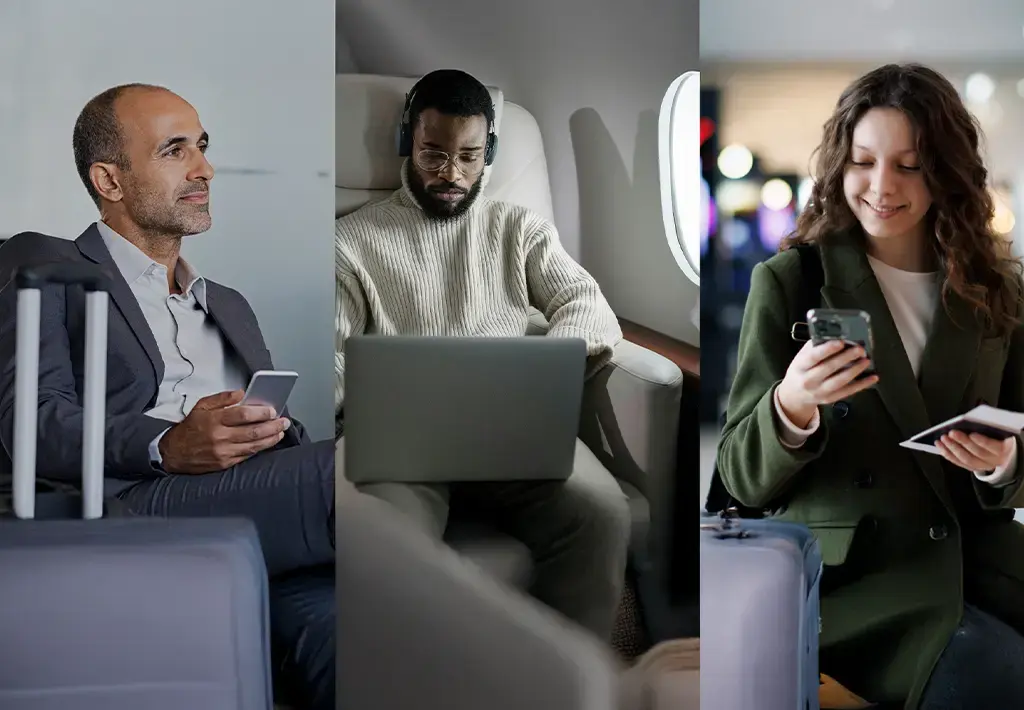 Business travelers using digital devices in airport and in-flight settings, reflecting aviation technology use.