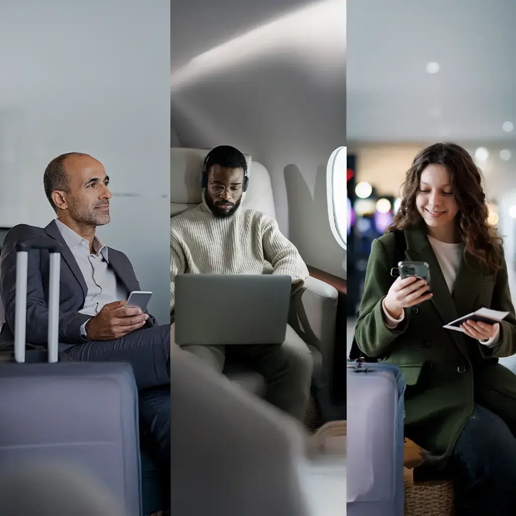 Business travelers using digital devices in airport and in-flight settings, reflecting aviation technology use.