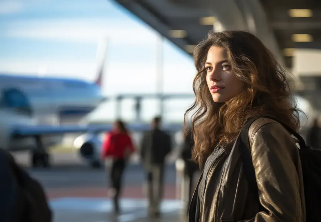 Traveler standing at airport terminal with a plane and passengers in the background.