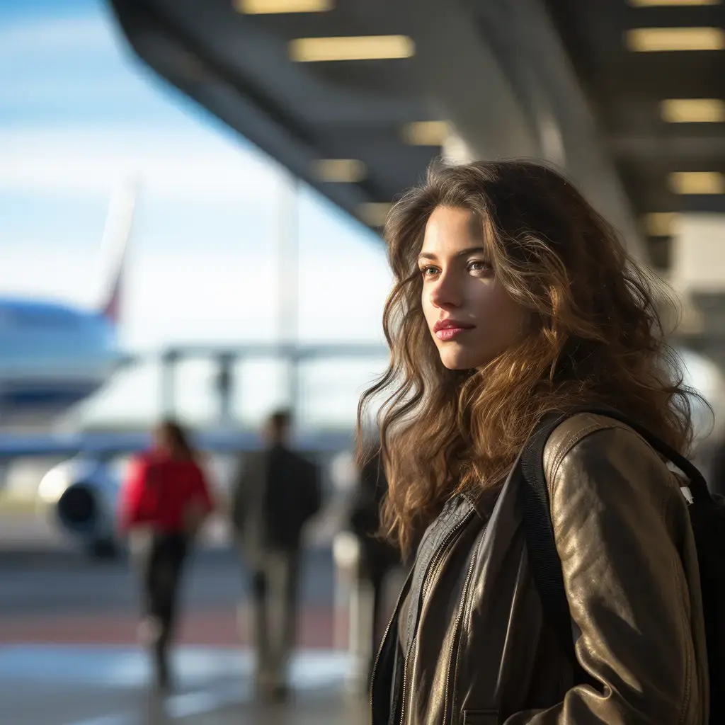 Traveler at airport terminal with airplane in background, ready for departure.