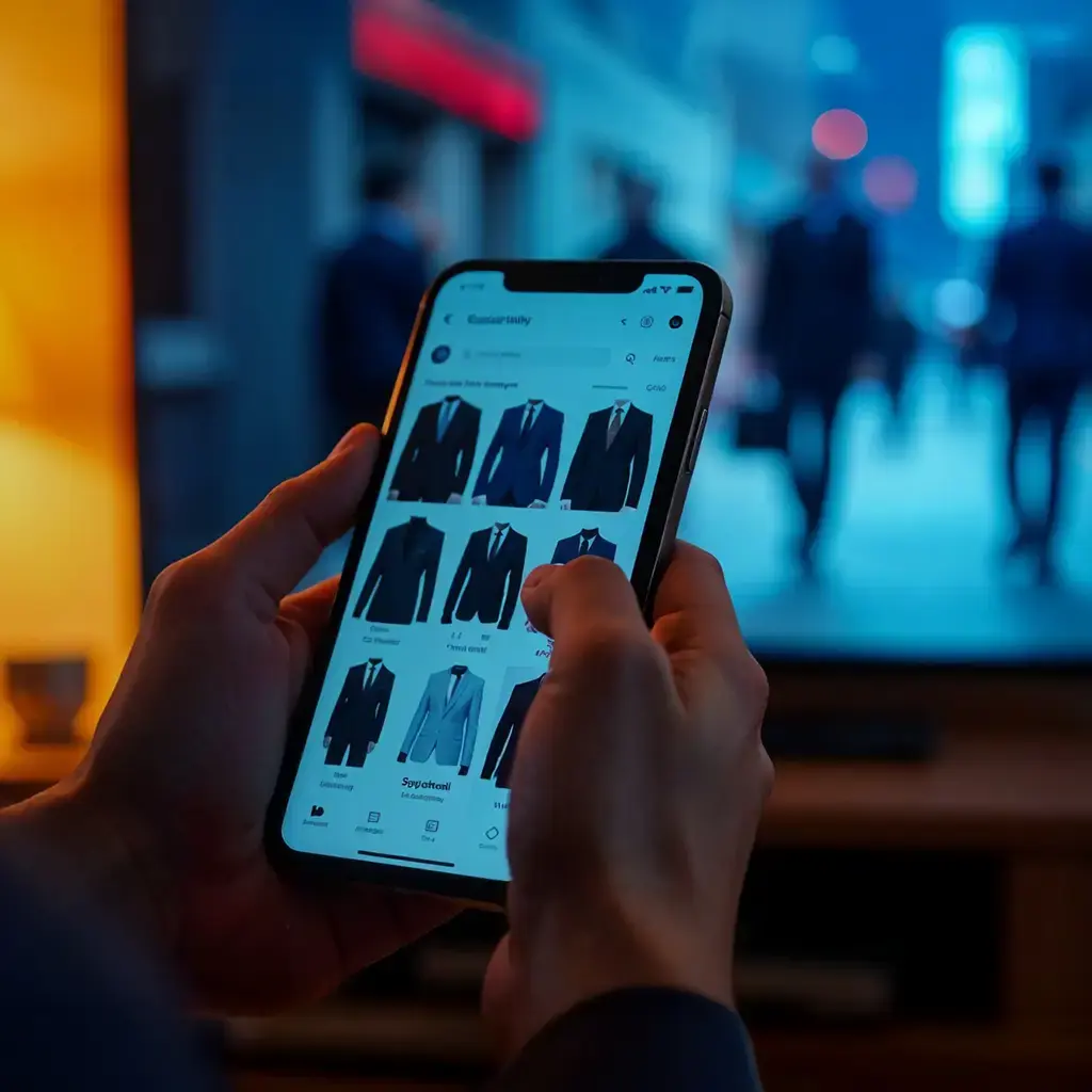 Person browsing formal suits on a mobile shopping app in a cozy indoor setting.