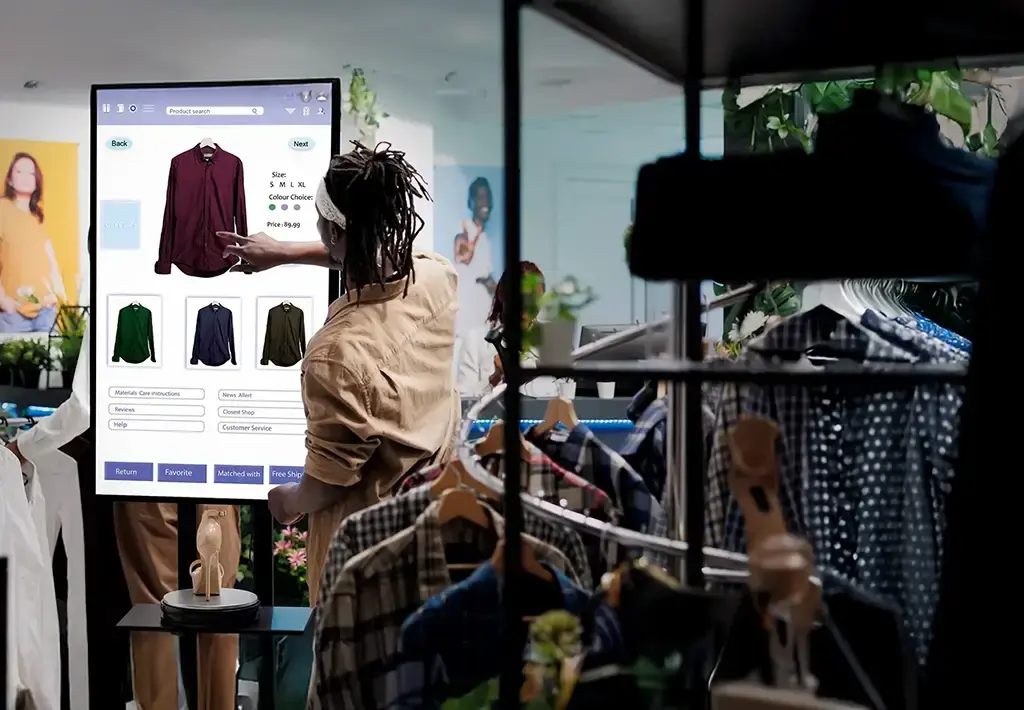 Shopper browsing clothing on an interactive digital screen in a retail store with smart fitting options.