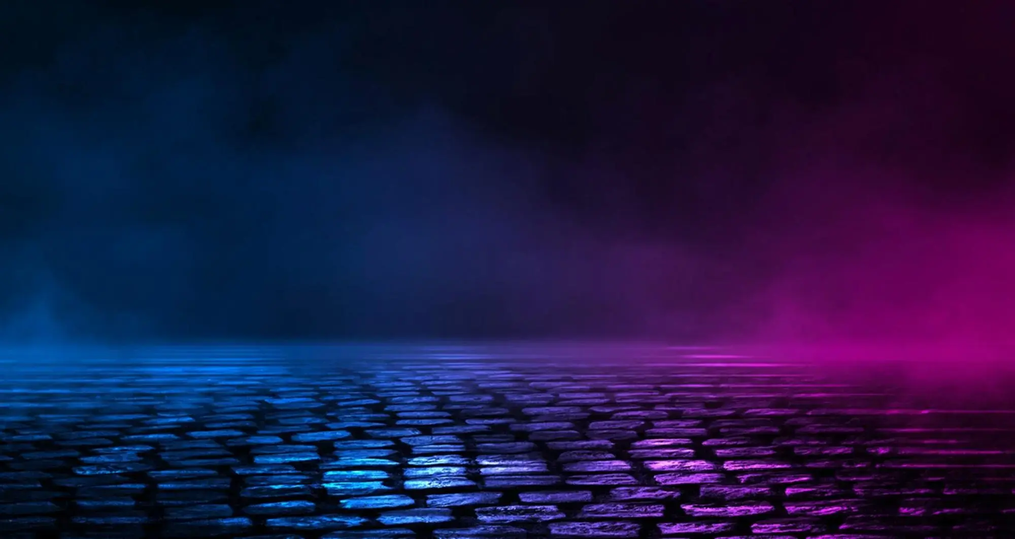 Glowing cobblestone surface with blue and purple neon lights and a misty, dark atmospheric background.