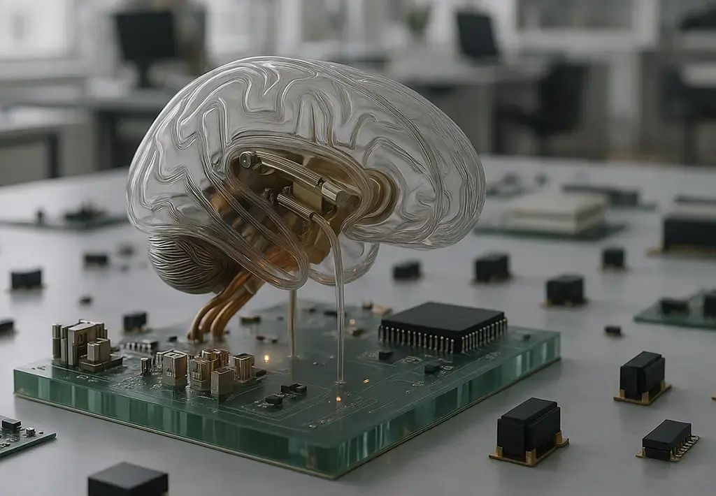 Transparent brain model connected to circuit board, symbolizing AI and machine learning integration.