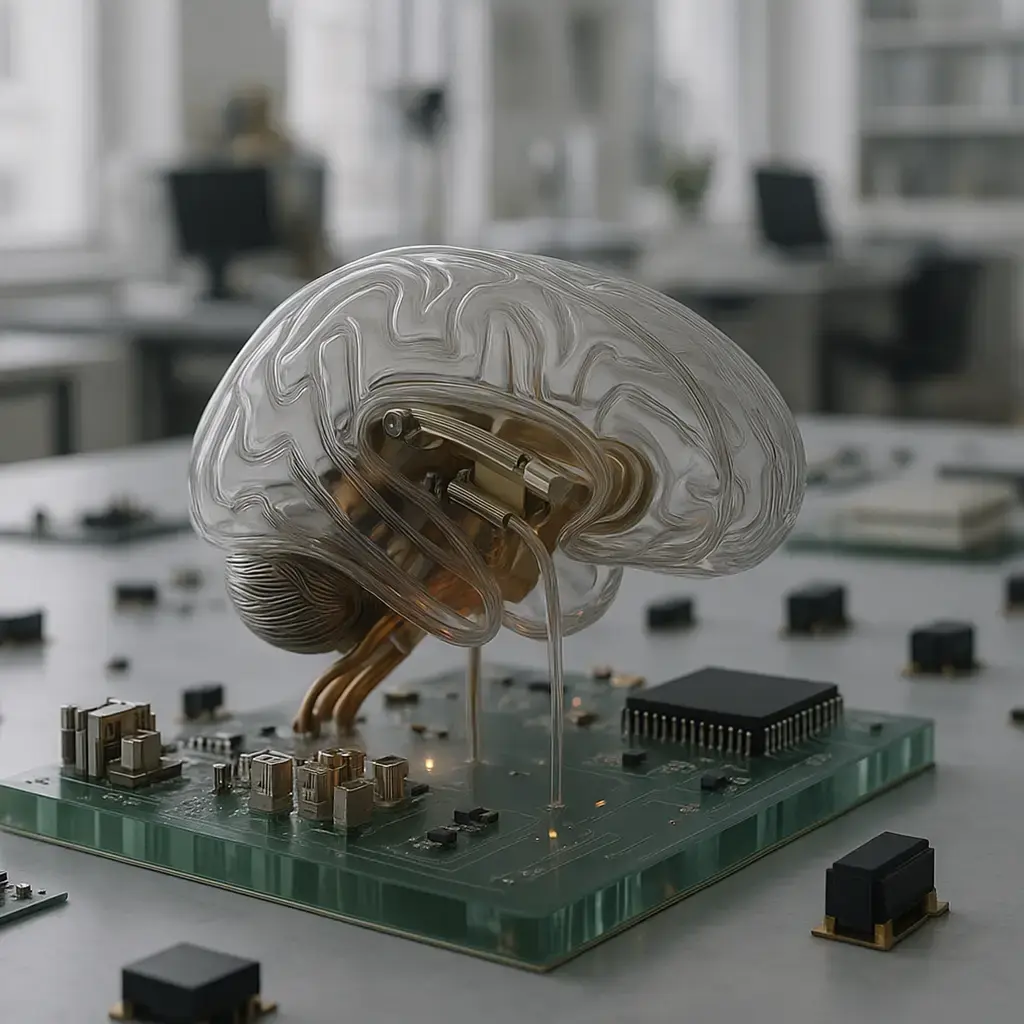 Transparent brain model connected to circuit board, symbolizing AI and machine learning integration.