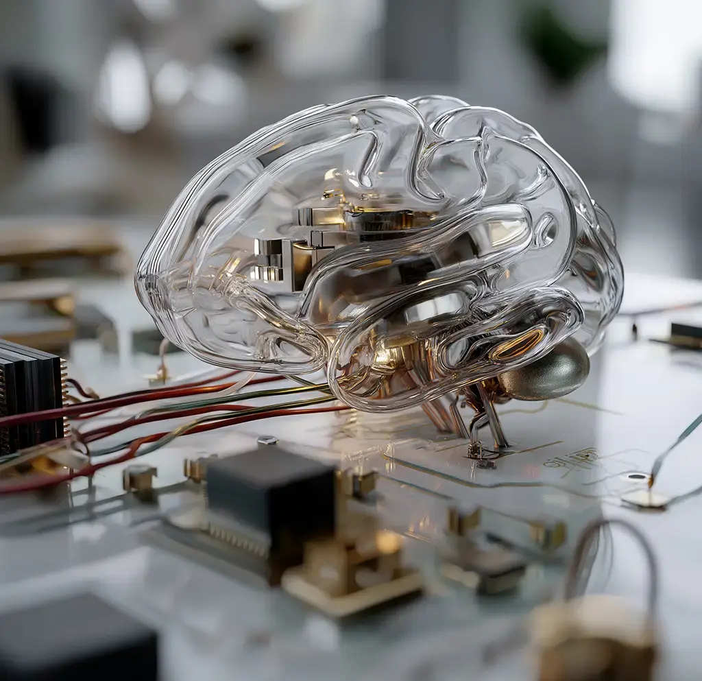 Transparent brain model integrated with microchips and wiring on a circuit board, symbolizing AI innovation.
