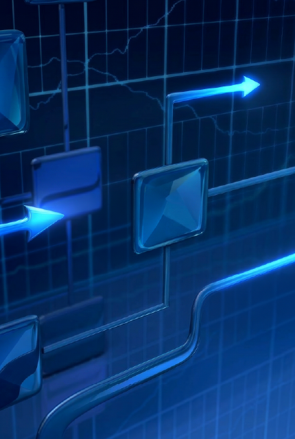 Abstract blue digital workflow with connected panels and arrows moving across a grid, representing AI-ready modernisation and operational progress.