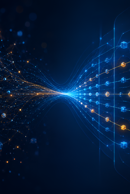 Abstract blue and orange data streams converging into connected digital nodes, representing AI readiness across complex TMT environments.