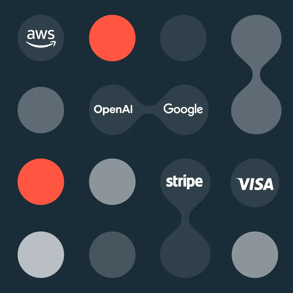 Endava pattern with partner logos for OpenAI, AWS, Visa, Stripe, and Google