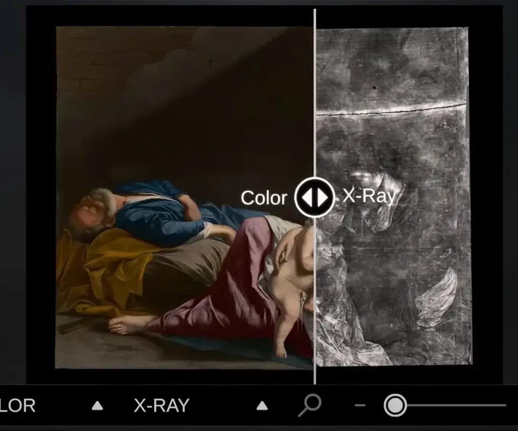 Split-screen image showing a painting in color on the left and its X-ray view on the right.